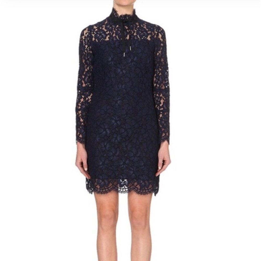 Sandro Paris Mock Neck Scalloped Mini Dress , Navy Lace, Size 2 O43 - Picture 1 of 9